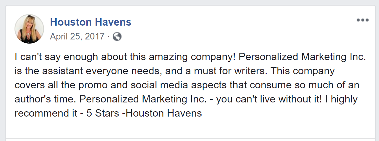 Houston Havens Testimonial for Personalized Marketing Inc
